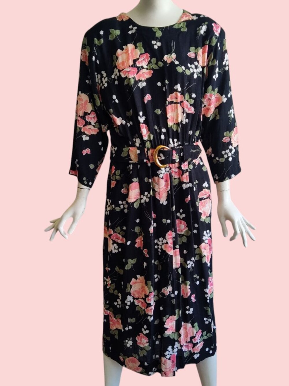 Vtg Lady Carol 80s does 40s Floral Blouson Belted Dress Power Shoulder Pocket XL